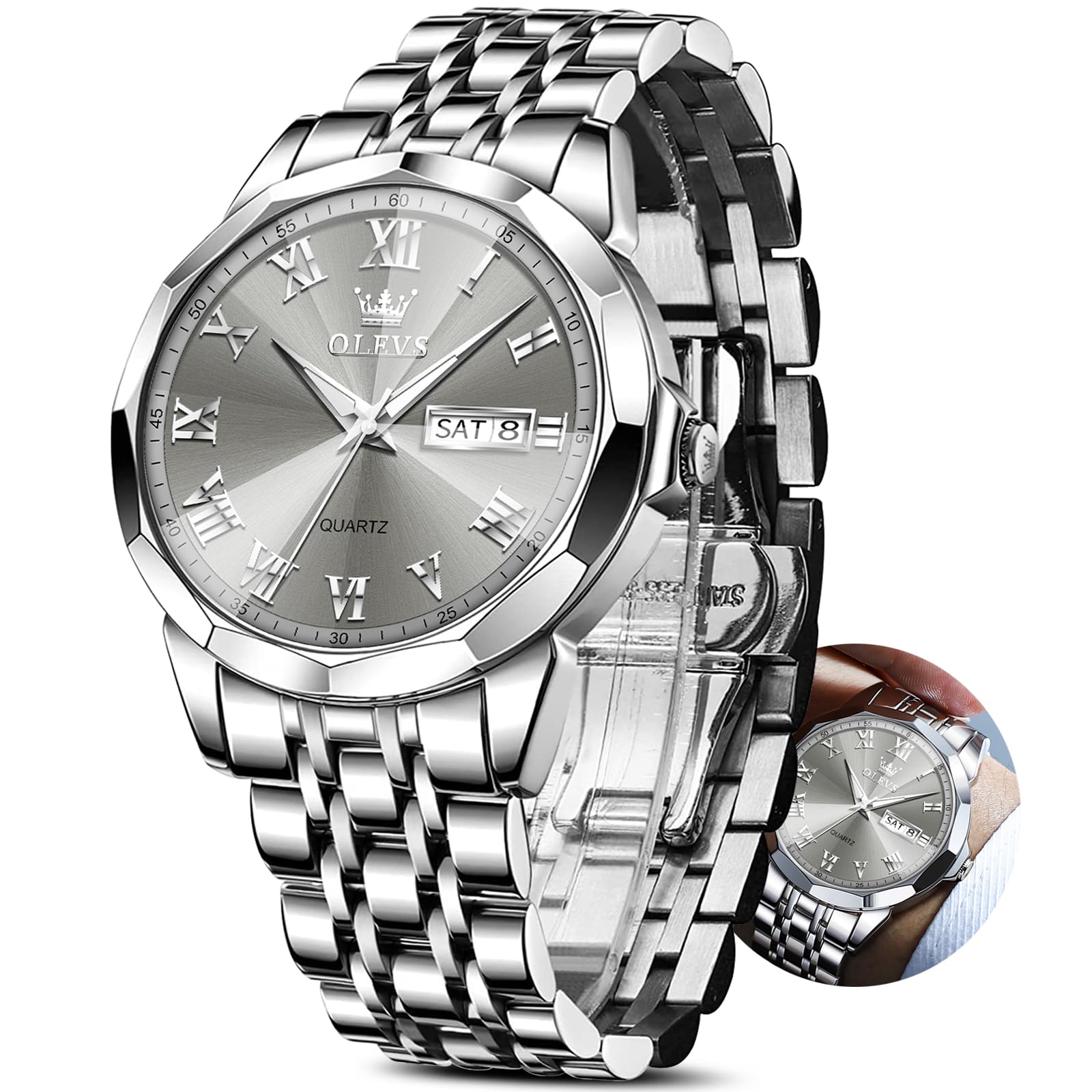 OLEVS Mens Watches Grey Watch for Men Silver Watches Luxury Men Stainless Steel Watches Waterproof Analog Quartz Large Dial Mens Wrist Watches Date Day Dress Reloj de Hombre Roman Numerals